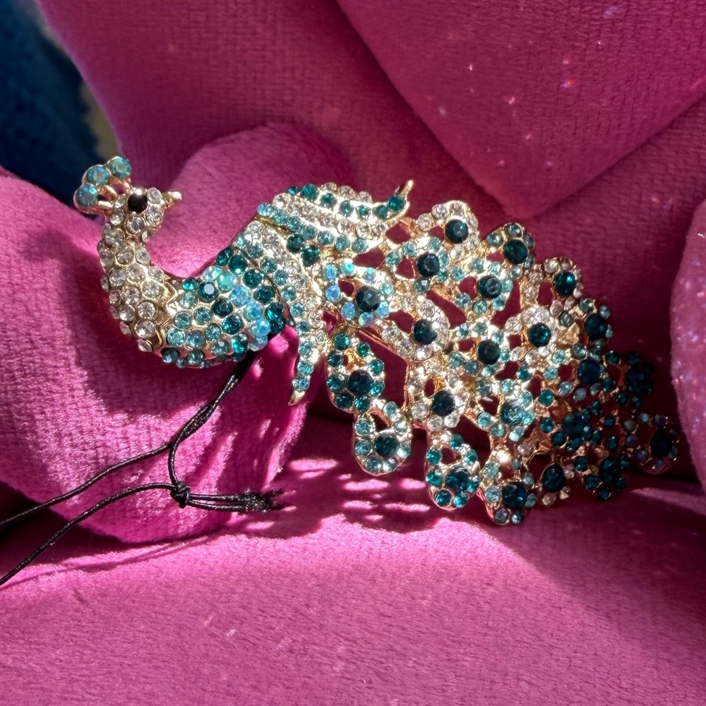 Betsey Johnson Teal and Clear Crystal Peacock Brooch
